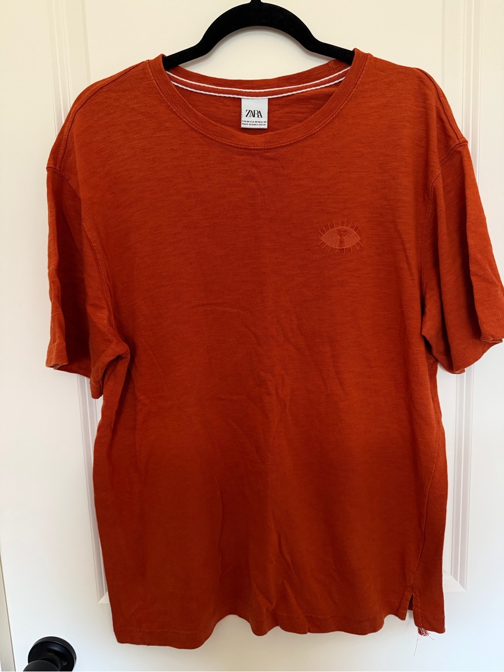 Zara Men’s Rust Orange Crew Neck Short Sleeve Tee with Embroidered Eye